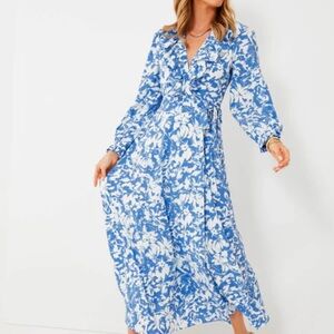 Blue & White Floral Long Sleeve Maxi Wrap Dress